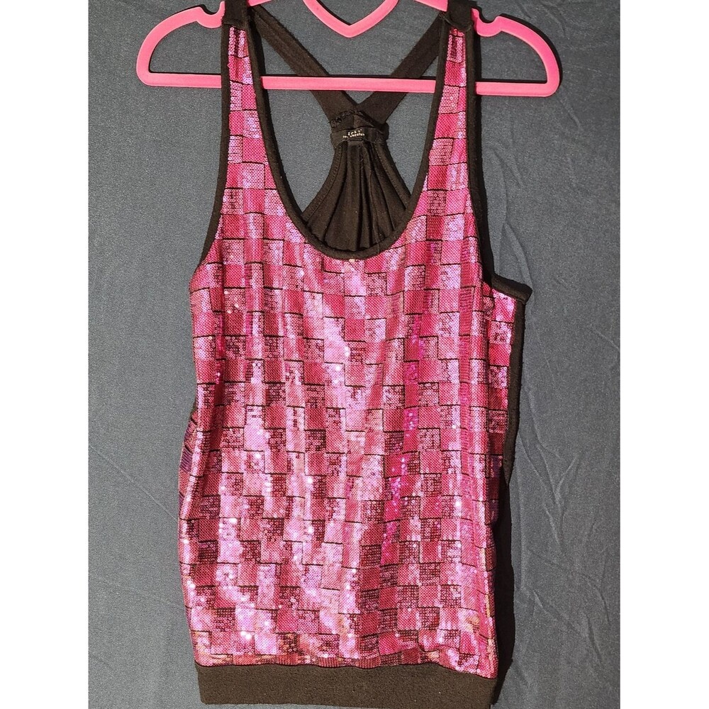 Iris Los Angeles Pink Sequin Checkerboard Racerback Tank Top Large